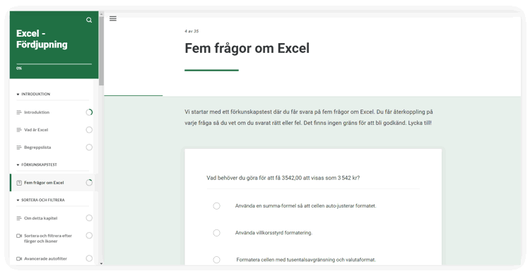 Skärmdump ur kursen Excel fördjupning i Lexicon Online Courses