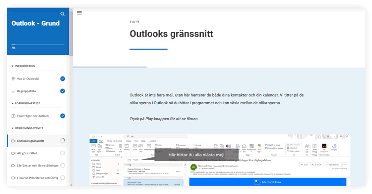 Skärmdump ur kursen Outlook grund i Lexicon Online Courses